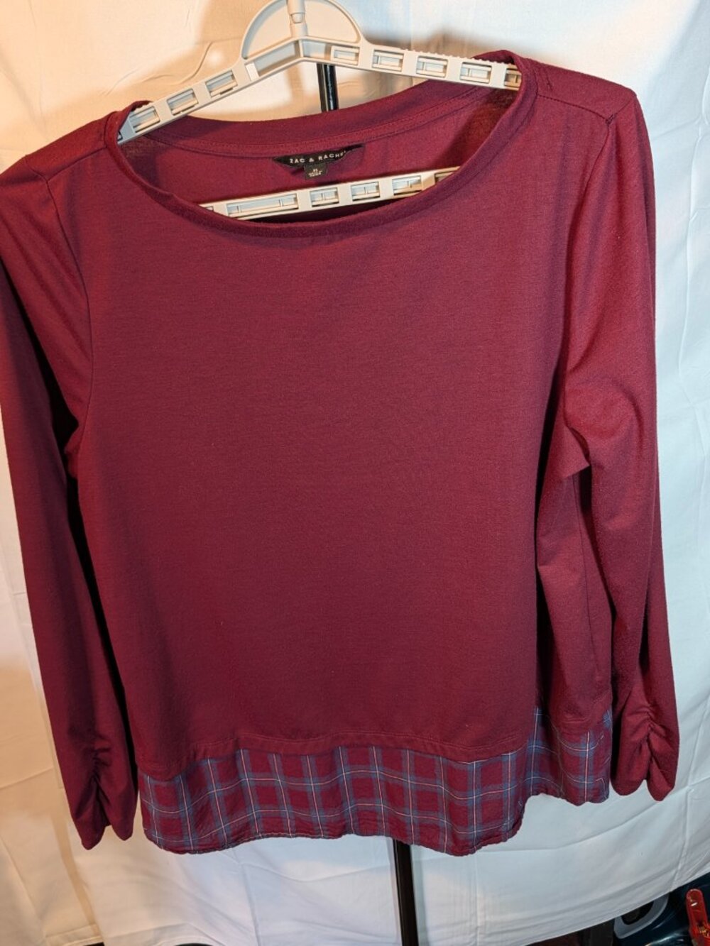Zac & Rachel Top Womens XL Gathered Long Sleeve Maroon w/Plaid bottom